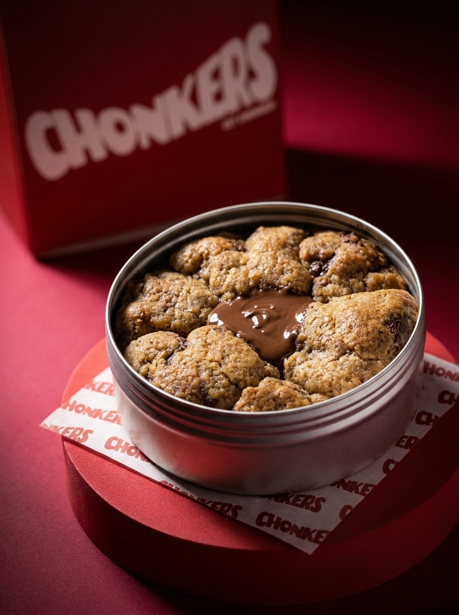 Open Chonkers tin of chocolate chip cookies baked edge to edge with a molten Nutella centre