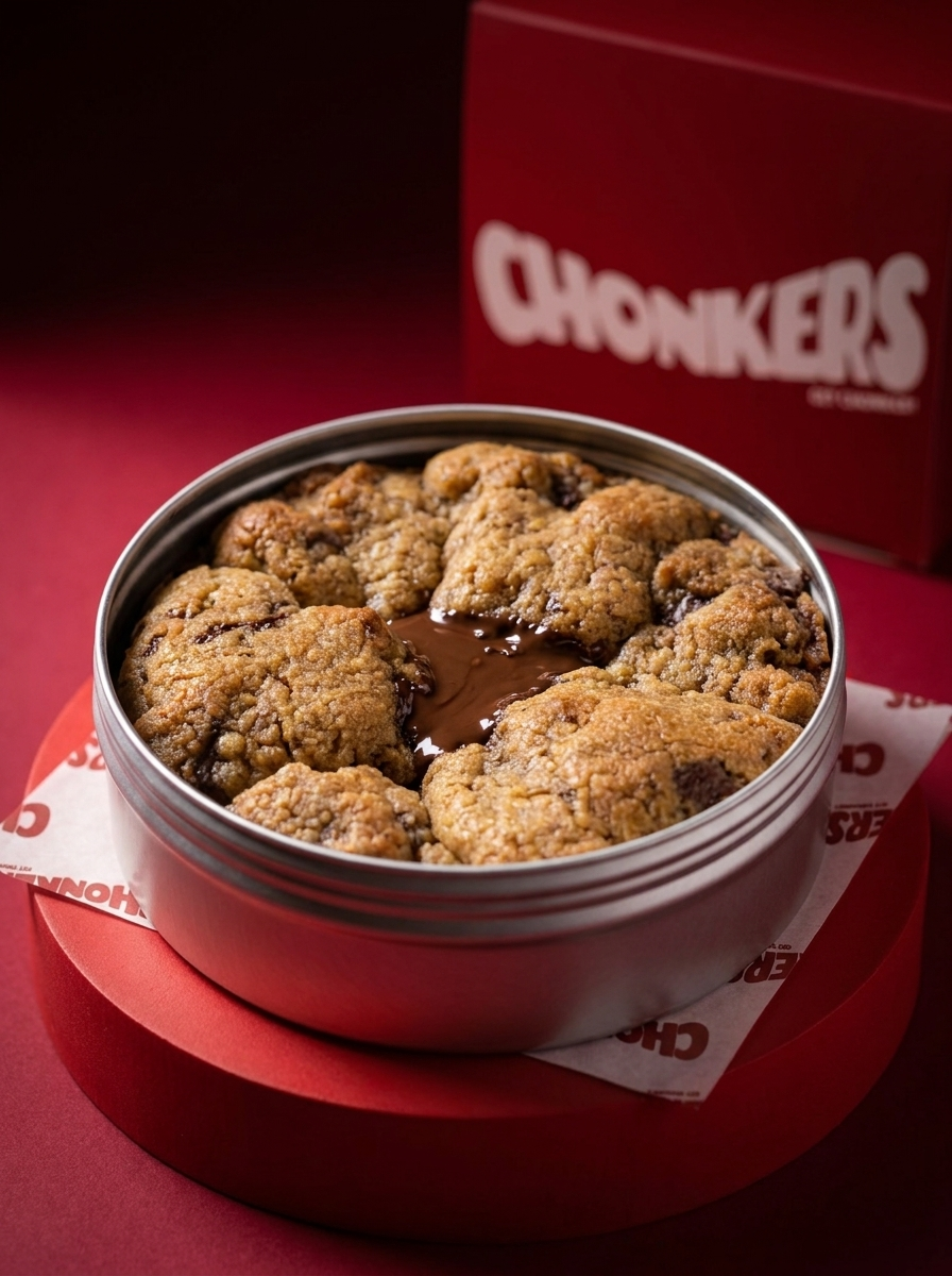 Chonkers cookie tin with a pool of Nutella in the middle and a red Chonkers gift box behind