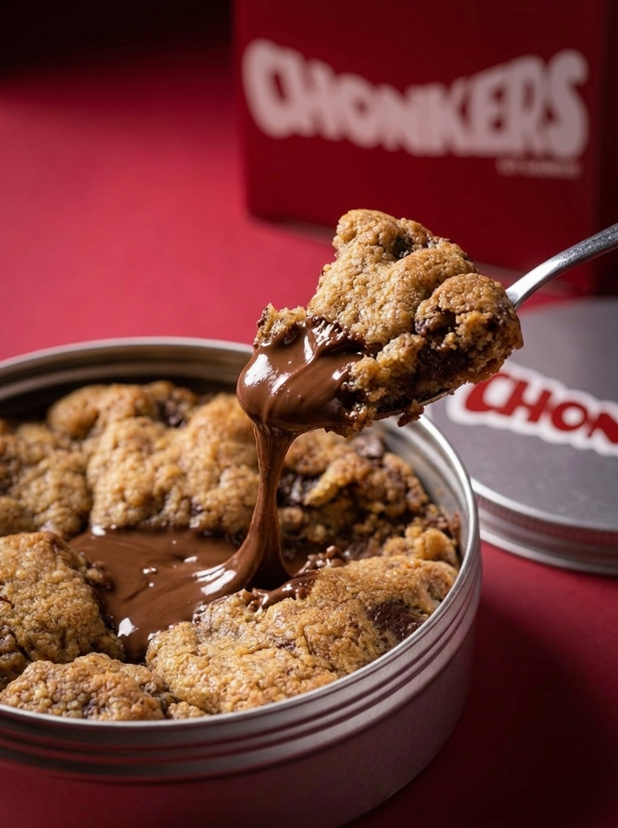 A spoonful of chocolate chip cookie lifted from a Chonkers tin with molten Nutella stretching from the centre