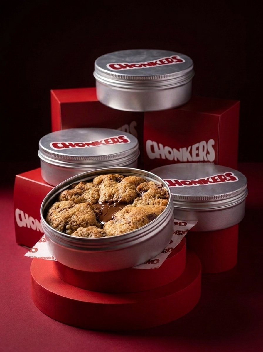 Stacked Chonkers cookie tins and red Chonkers gift boxes with one open tin in front
